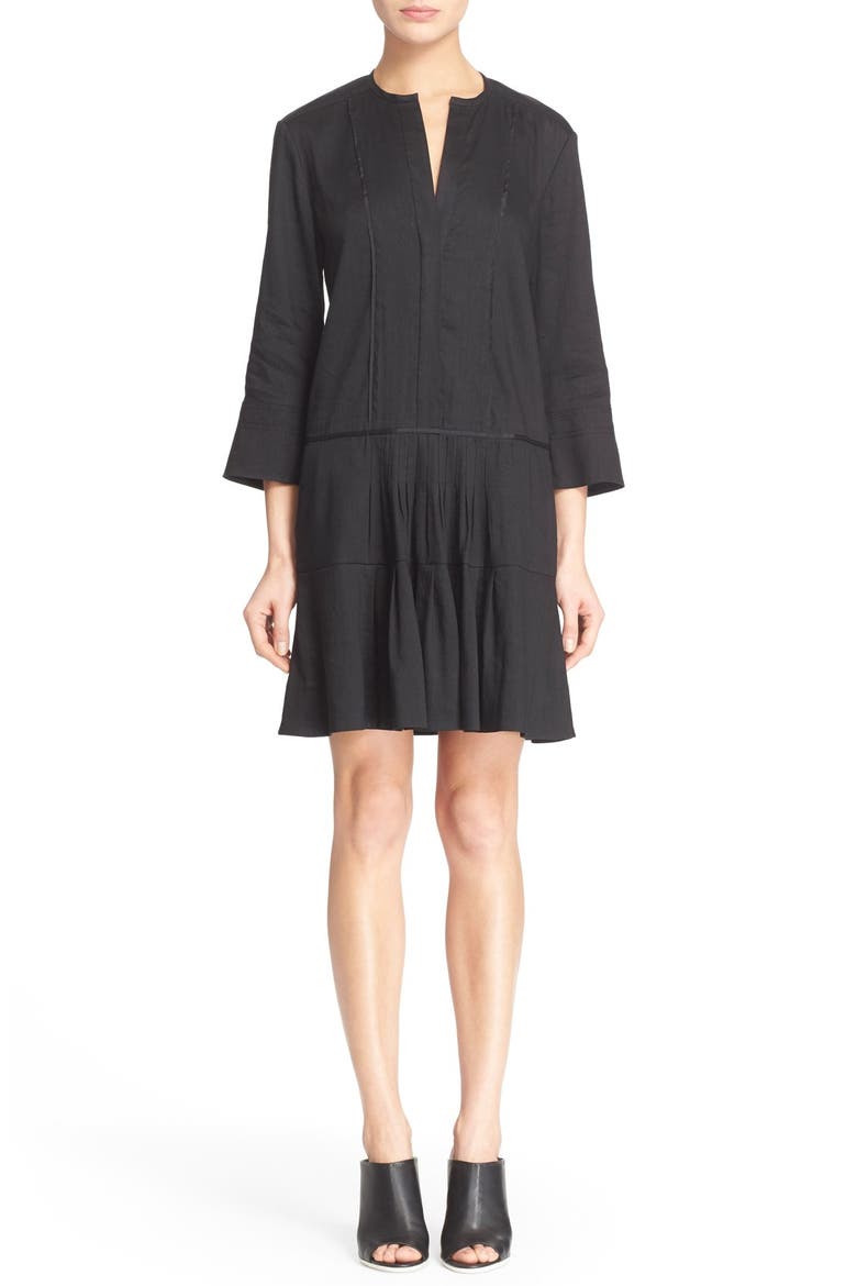 Pleated Drop Waist Linen Blend Dress, Main, color, BLACK