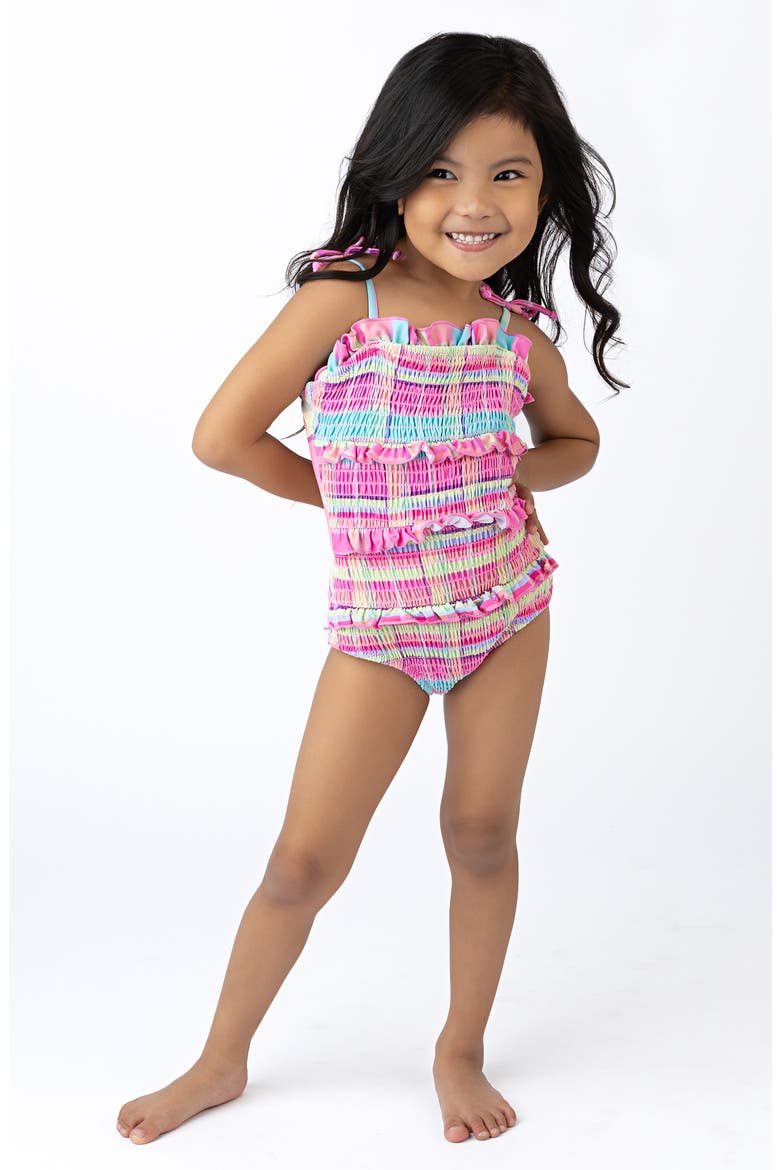 Kids' Summer Plaid Smocked One-Piece UPF 50+ Swimsuit, Alternate, color, GREEN MULTI