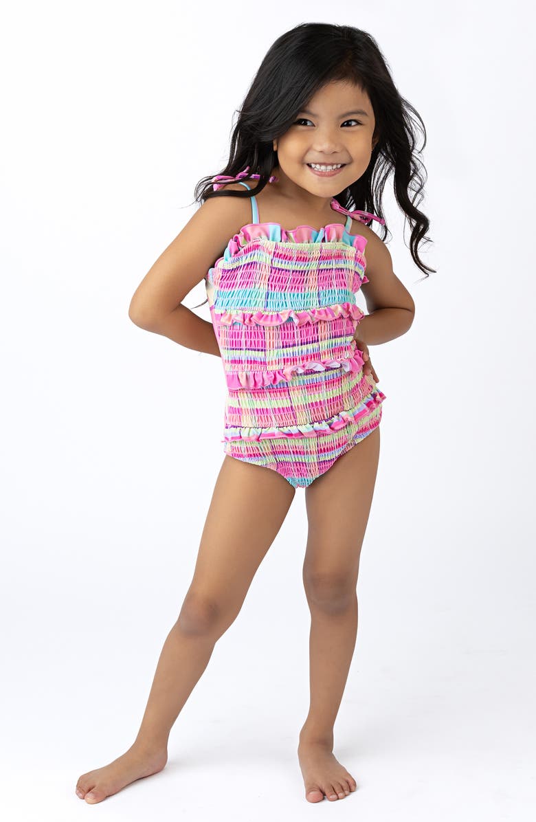 Shade Critters Kids' Summer Plaid Smocked One-Piece UPF 50+ Swimsuit, Alternate, color, Green Multi