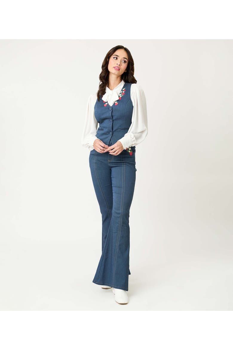1940s Embroidered Button Up Vest, Alternate, color, Denim W/ Strawberries