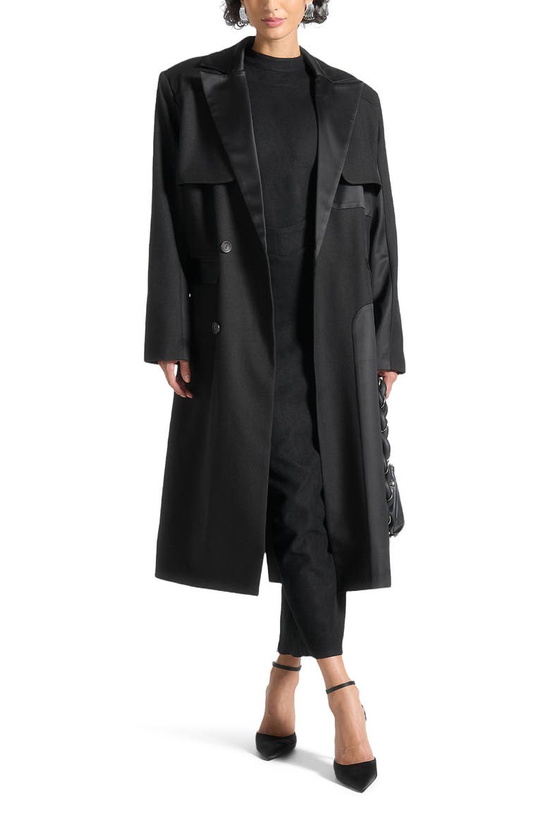 Ilona Tailored Satin Trench Coat, Alternate, color, Black