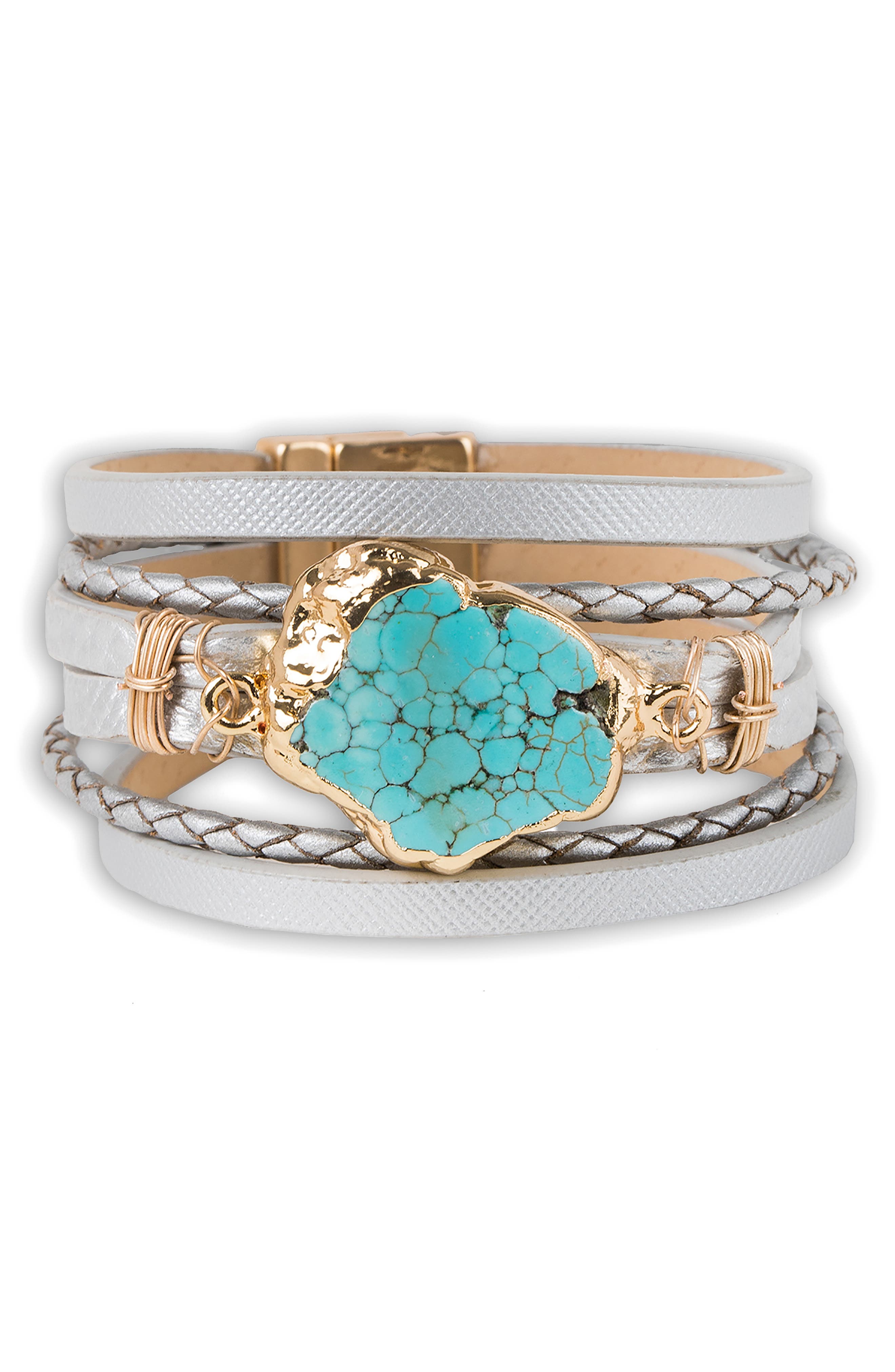 Turquoise Stone Faux Leather Braided Cuff Bracelet