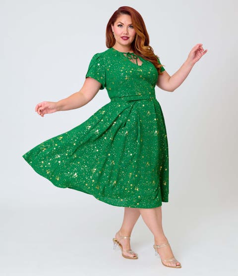 Plus Size Short Petal Sleeve Tie Neck Dahlia Swing Dress