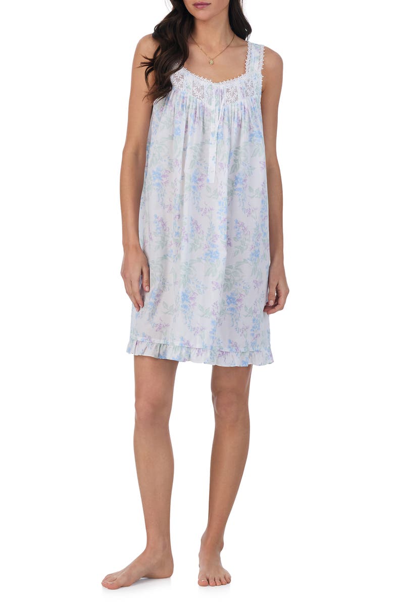 Eileen West Watercolor Floral Sleeveless Short Cotton Lawn Nightgown, Main, color,