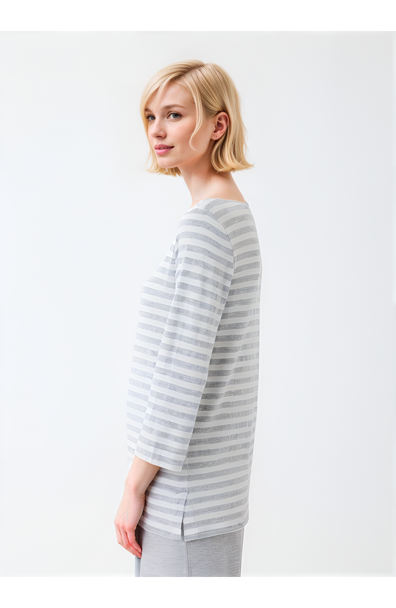 Majestic Filatures Soft Touch Striped 3/4 Sleeve Boatneck T-Shirt, Alternate, color, Gris Chine Clair