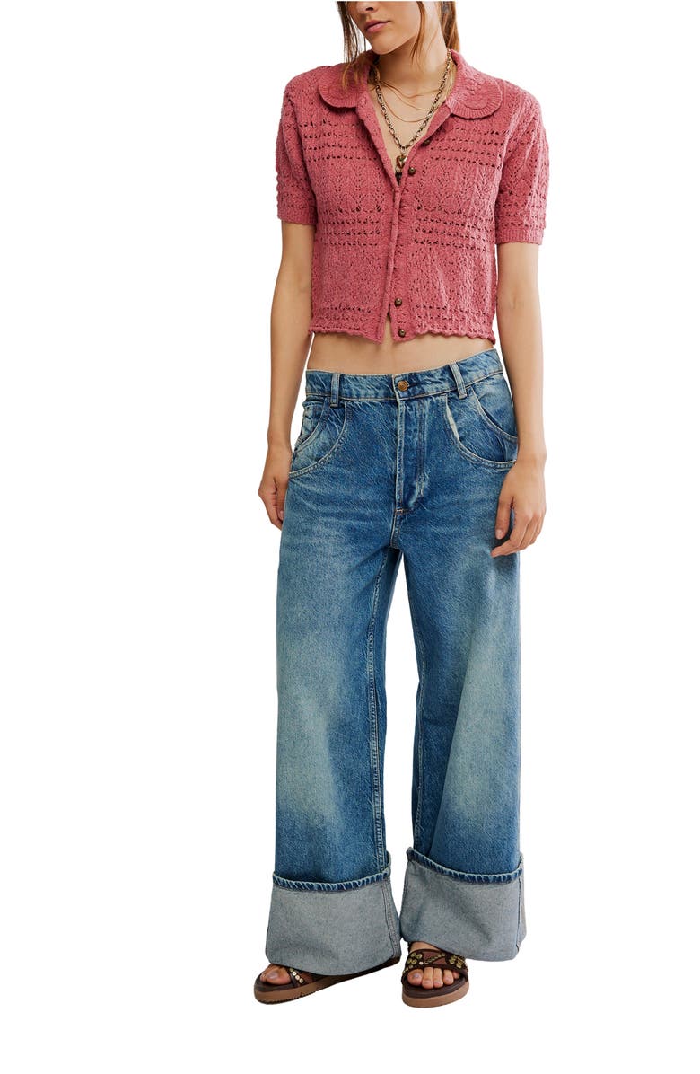 Free People Daylight Collared Short Sleeve Cotton Blend Cardigan, Alternate, color, Faded Rose