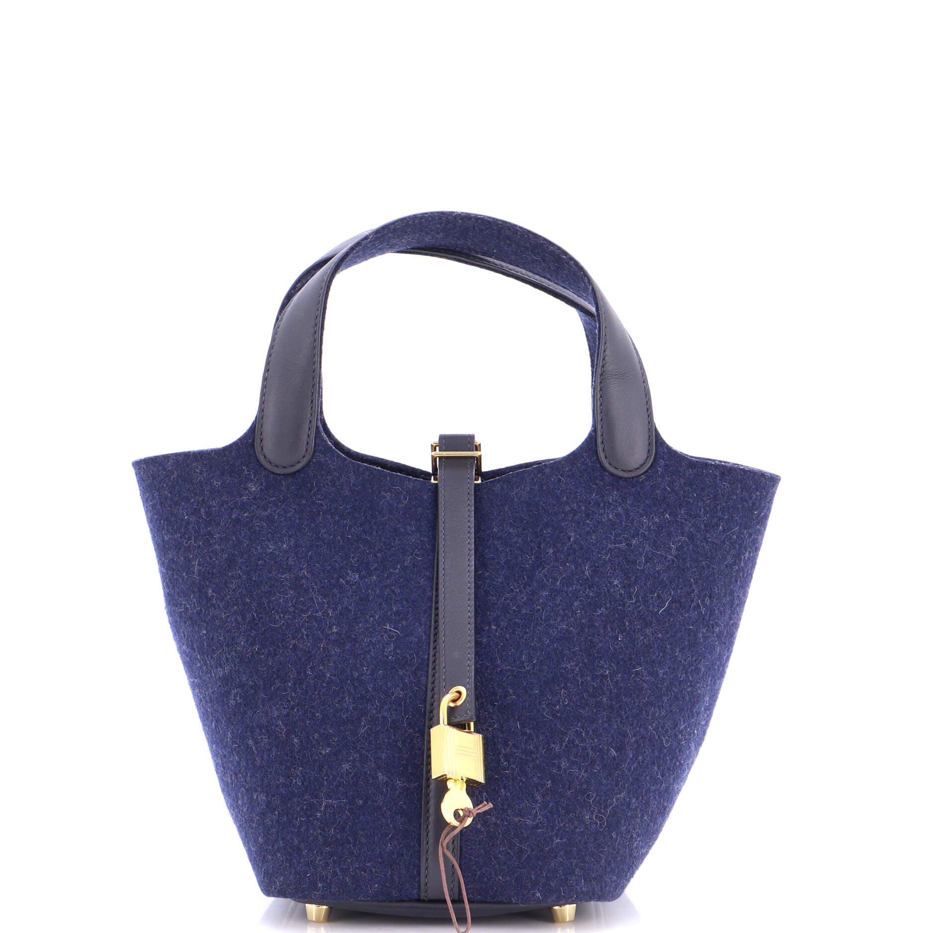 Pre-Owned Hermes Picotin Lock Bag Felt with Leather PM, Main, color, Bleu Nuit