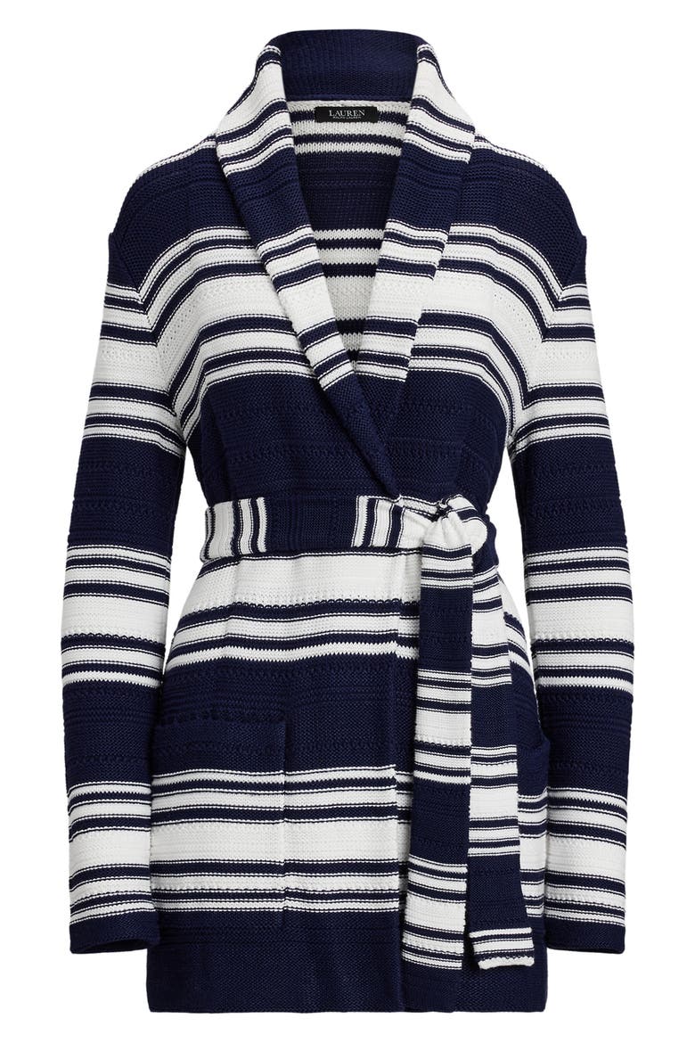 Stripe Belted Long Cardigan, Alternate, color, REFINED NAVY/ WHITE