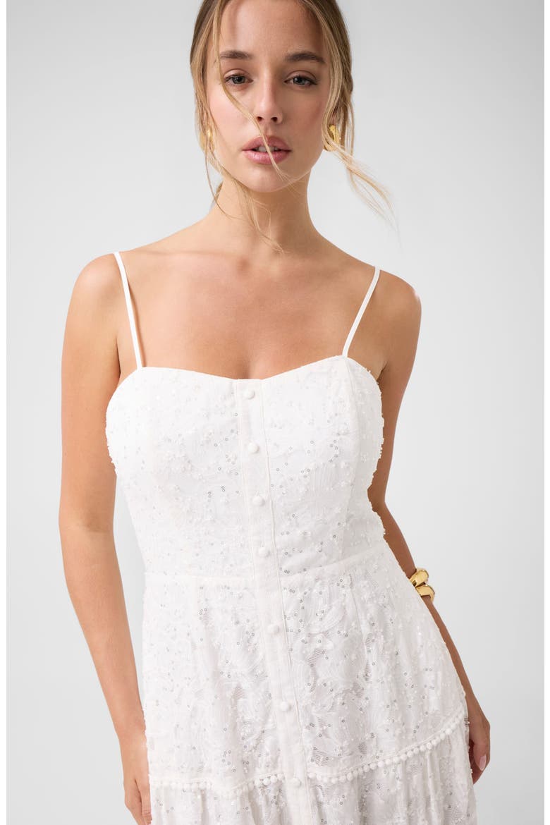 Evelyn Beaded Lace Tiered Midi Dress, Alternate, color, WHITE