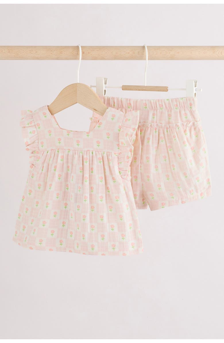 NEXT Floral Check Cotton Gauze Top & Shorts, Alternate, color, Neutral