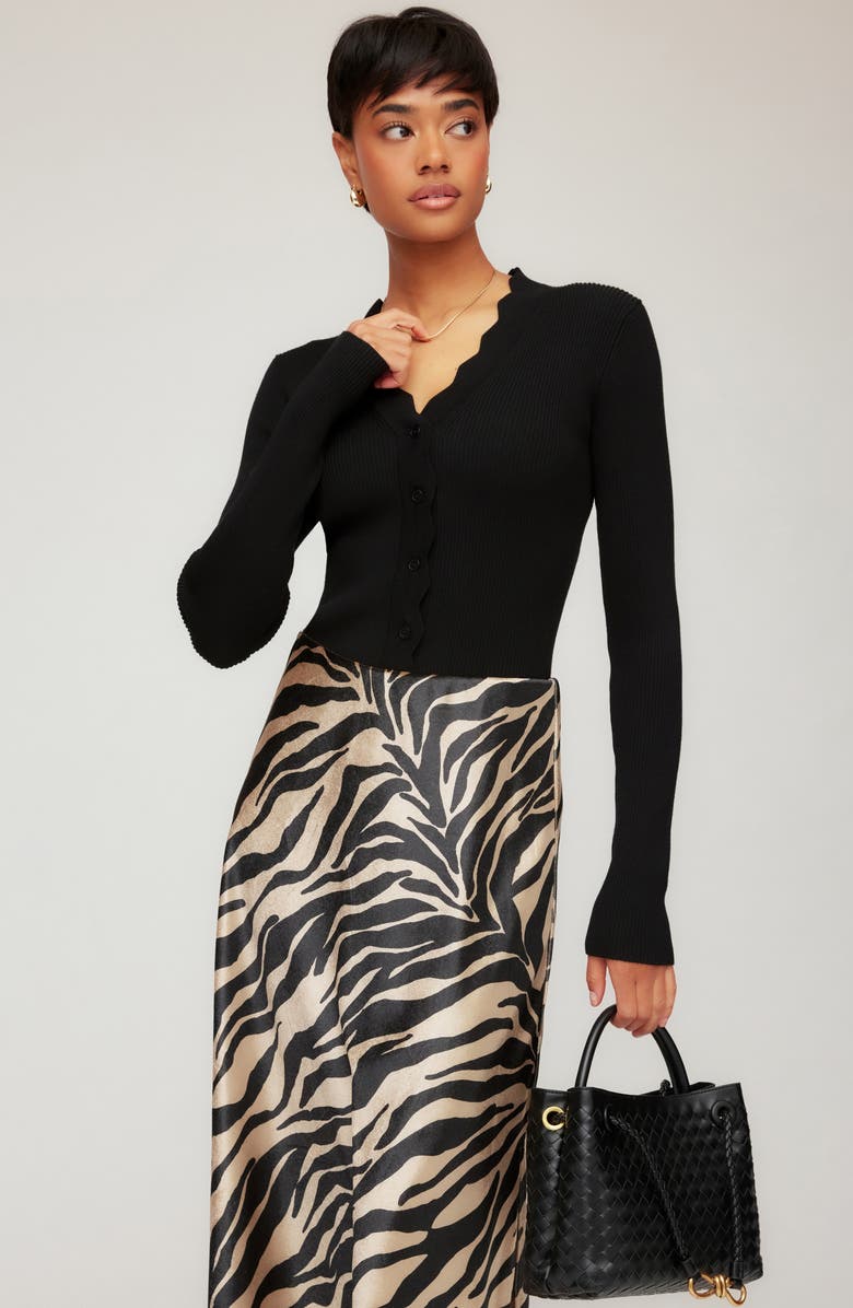 FIFTEEN TWENTY Bliss Scallop Edge Rib Cardigan, Alternate, color, Black