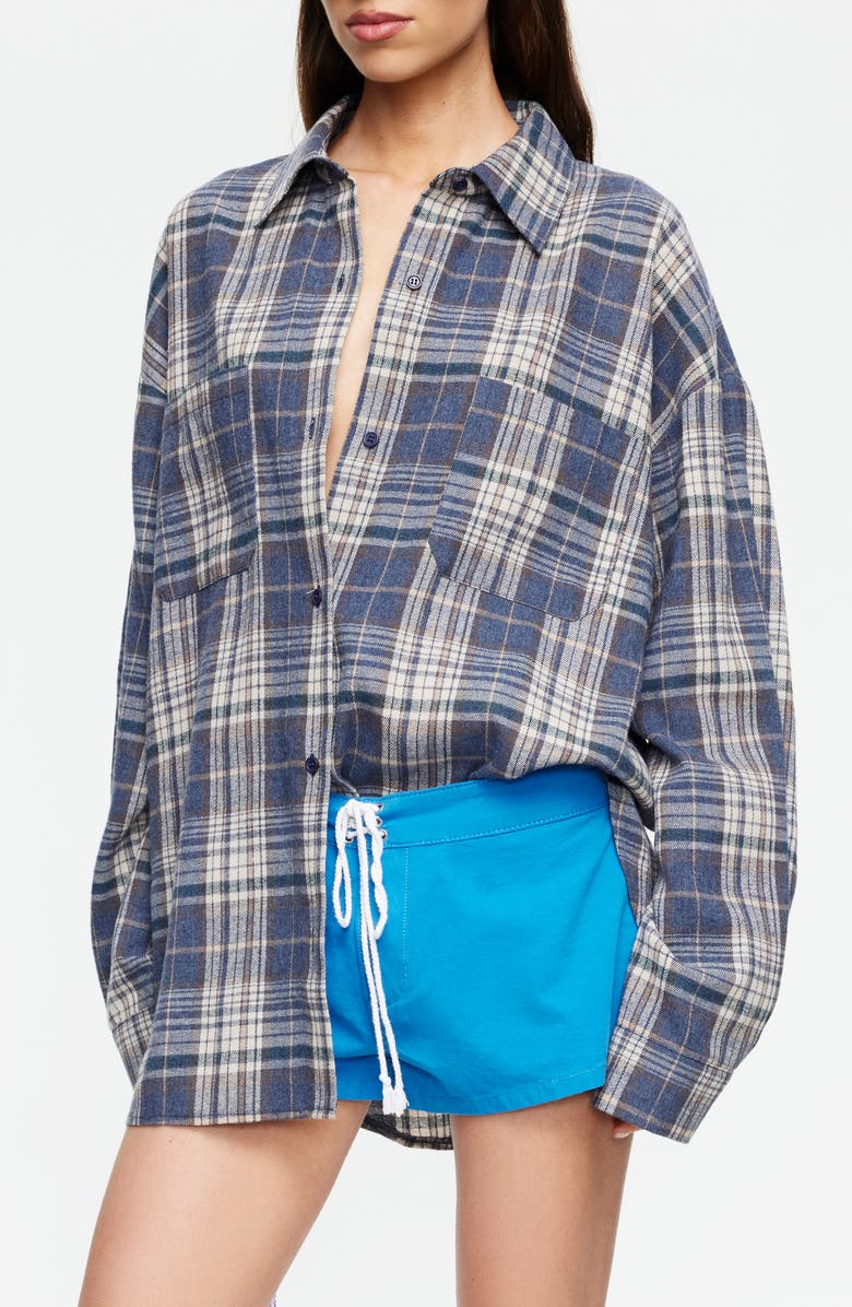 LIONESS Clarity Plaid Cotton Flannel Button-Up Shirt, Alternate, color, Ash Plaid