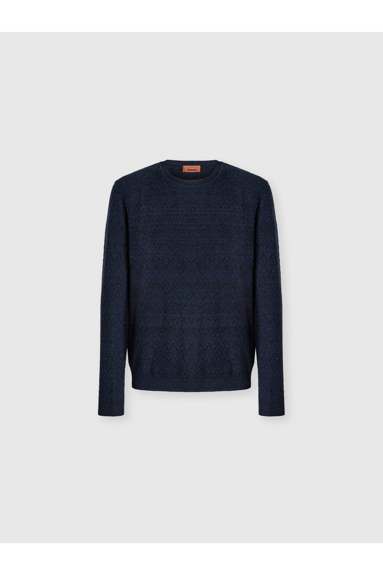 Crew-neck Wool And Cotton Pullover With Tone-on-tone Zigzag Pattern, Main, color, Blue