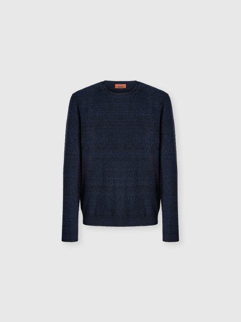 Crew-neck Wool And Cotton Pullover With Tone-on-tone Zigzag Pattern