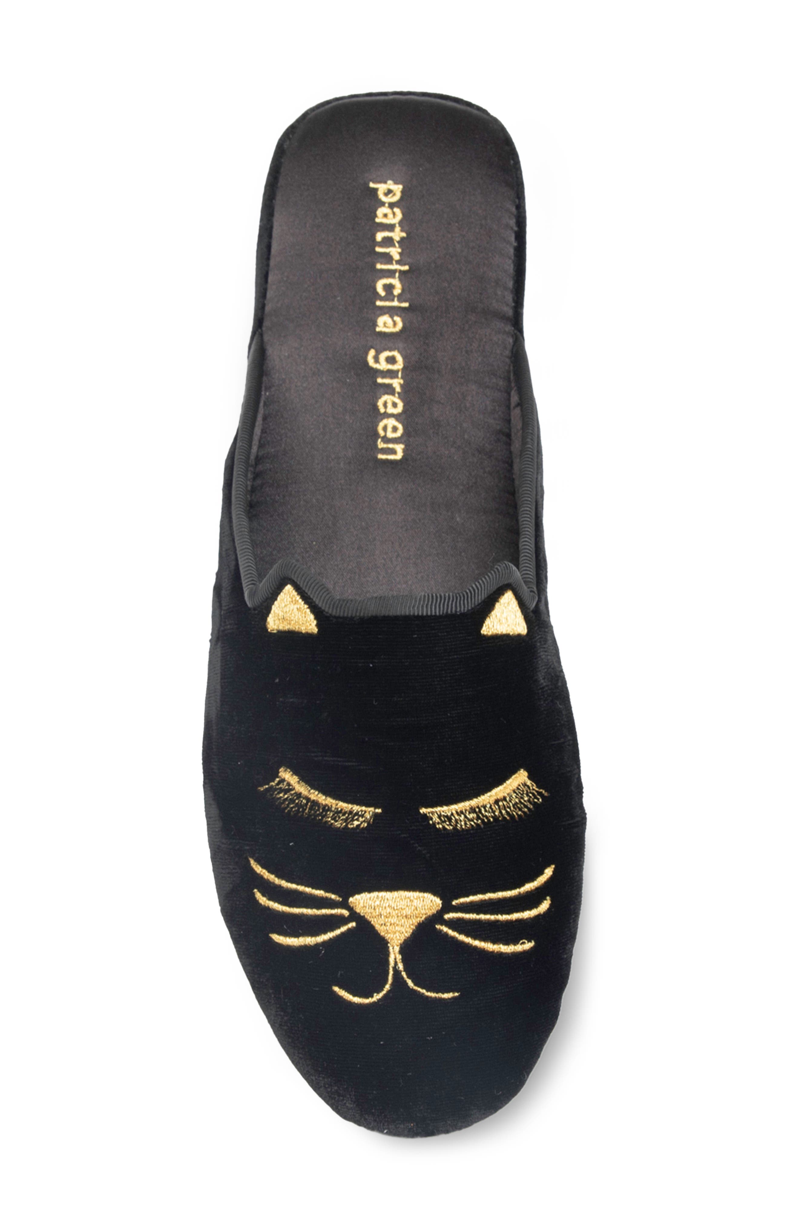 patricia green Winking Kitty Embroidered Slipper, Alternate, color, Black