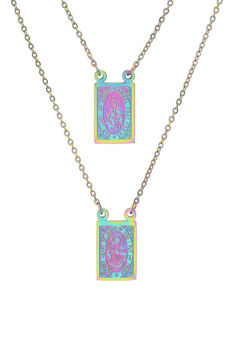 Men's Multicolor Stainless Steel Saint Tag Double Pendant Necklace, Main, color, TURQUOISE MULTI