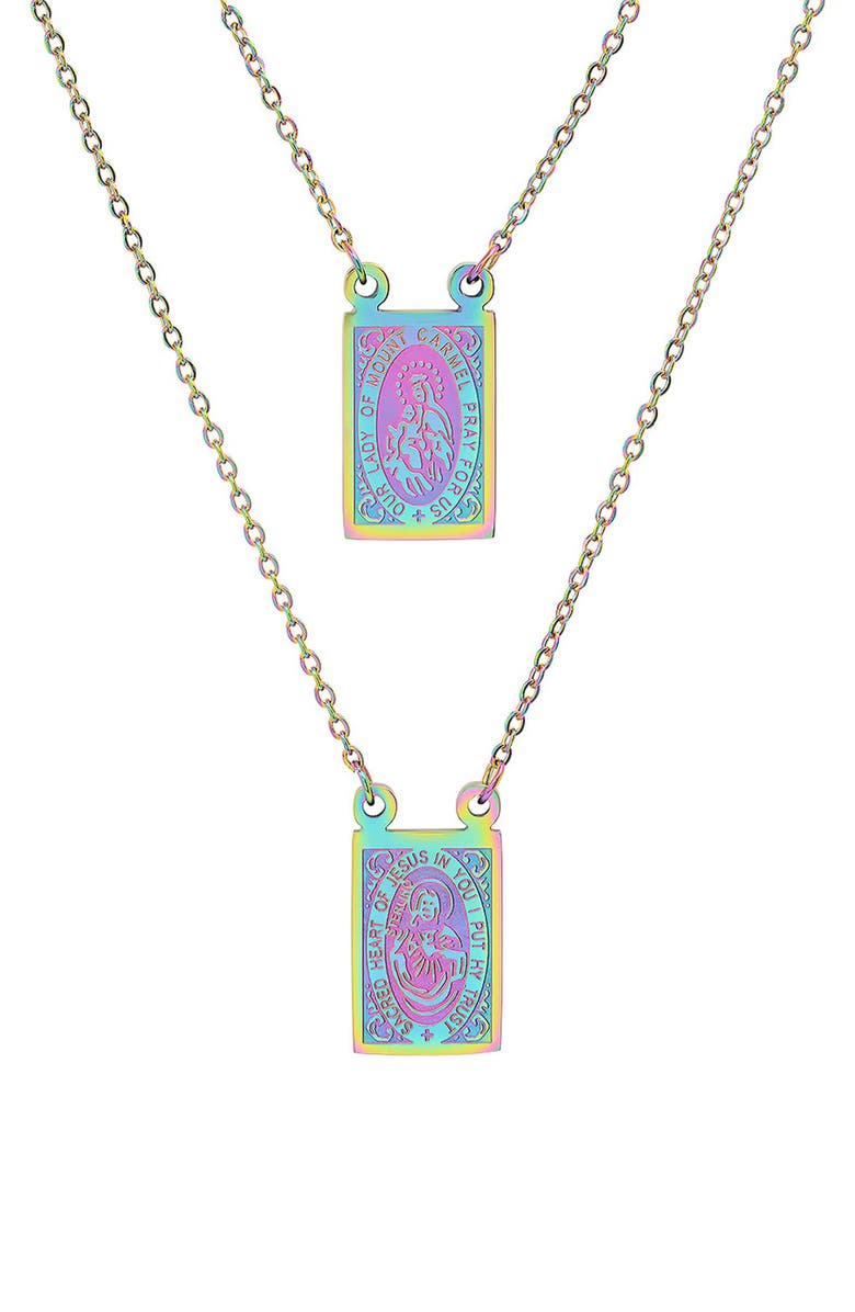 STEELTIME Men's Multicolor Stainless Steel Saint Tag Double Pendant Necklace, Main, color, Turquoise Multi
