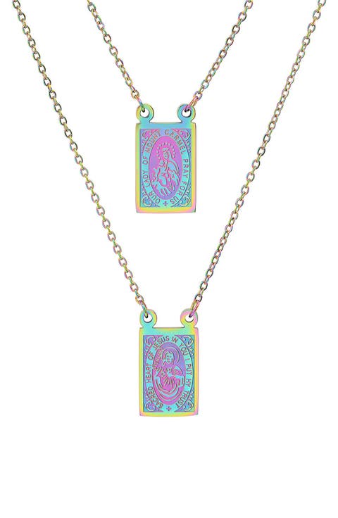 Men's Multicolor Stainless Steel Saint Tag Double Pendant Necklace