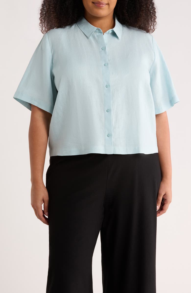 Eileen Fisher Short Sleeve Organic Linen Button-Up Shirt, Main, color, Breeze