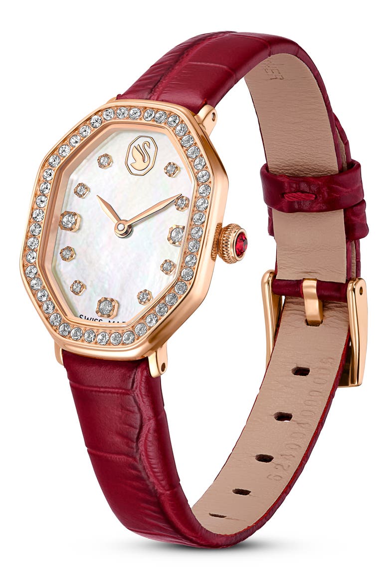 Dextera Mother-of-Pearl Leather Strap Watch, 32mm x 23mm, Alternate, color, RED