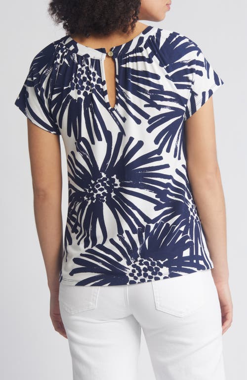 Loveappella Floral Keyhole Short Sleeve Jersey Top In Blue