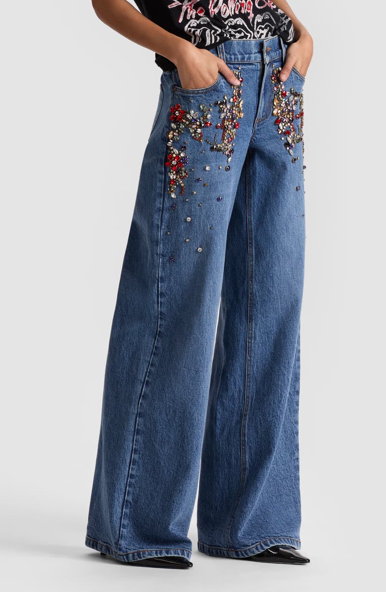 Alice + Olivia Amazing Crystal Detail Baggy Wide Leg Jeans, Alternate, color, Brooklyn Blue