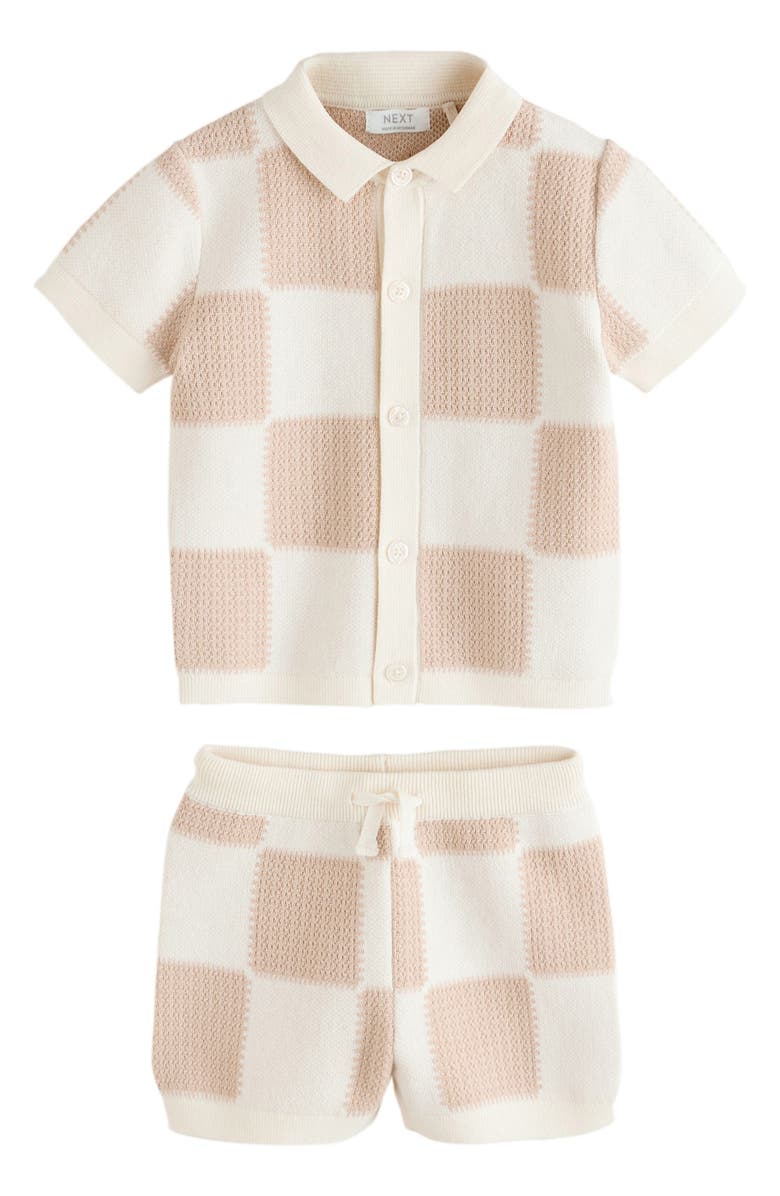 NEXT Kids' Checkerboard Knit Button Shirt & Shorts Set, Main, color, Neutral