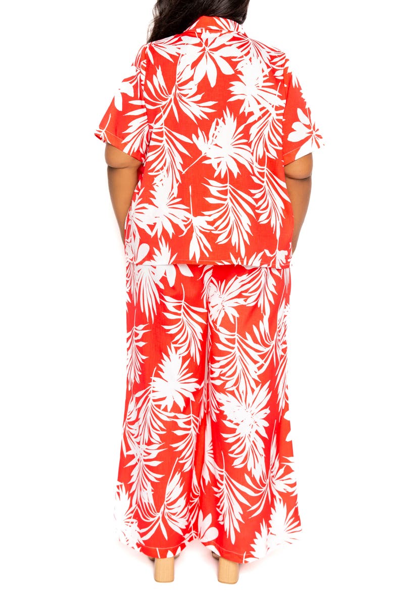 BUXOM COUTURE Tropical Short Sleeve Button-Up Top & Wide Leg Pants Set, Alternate, color,