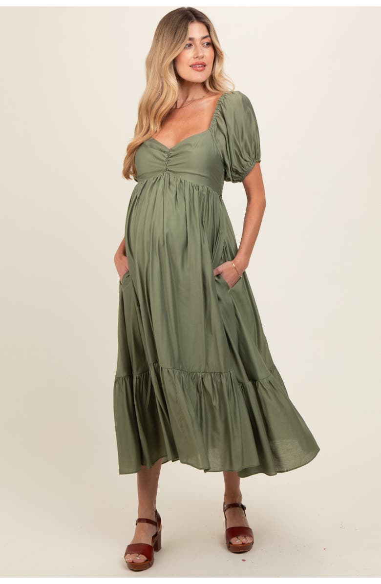 PinkBlush Ruched Sweetheart Neck Tiered Midi Dress, Main, color, Olive Green