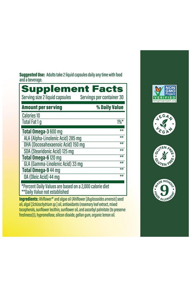 Vegan Omega 3 6 9, Burp-Less Supplement, 600 mg Plant-Based Omega 3 & 150 mg Dha Per Serving, 60 Liquid Capsules, Alternate, color, None