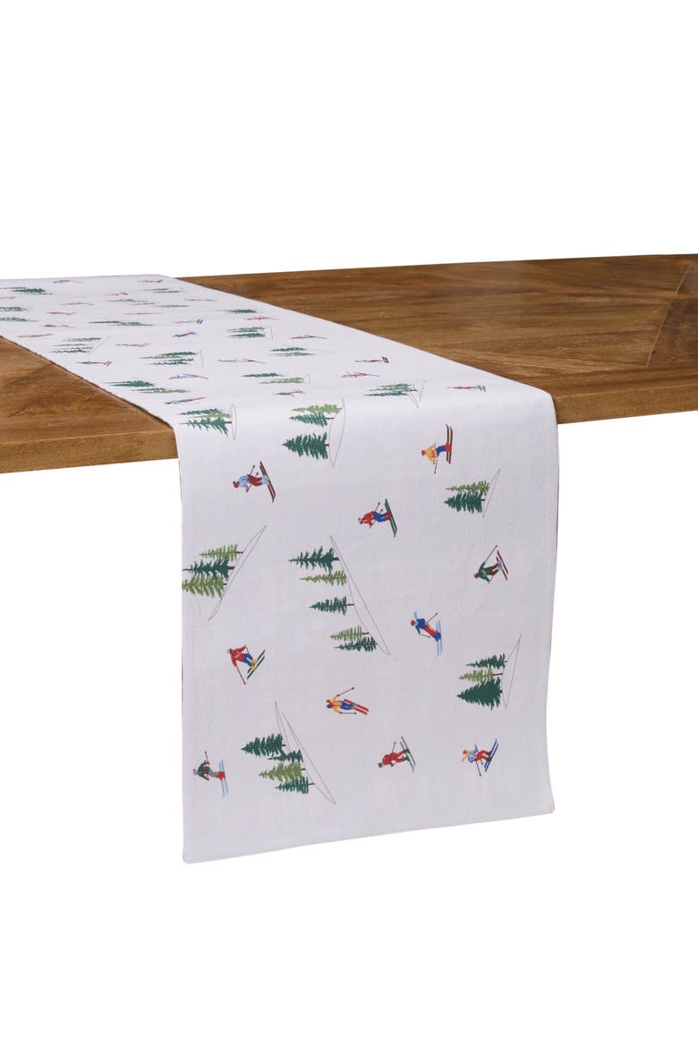 Alpine Skiers Winter Sports Reversible Plaid Christmas Runner 14" x 72", Alternate, color, White