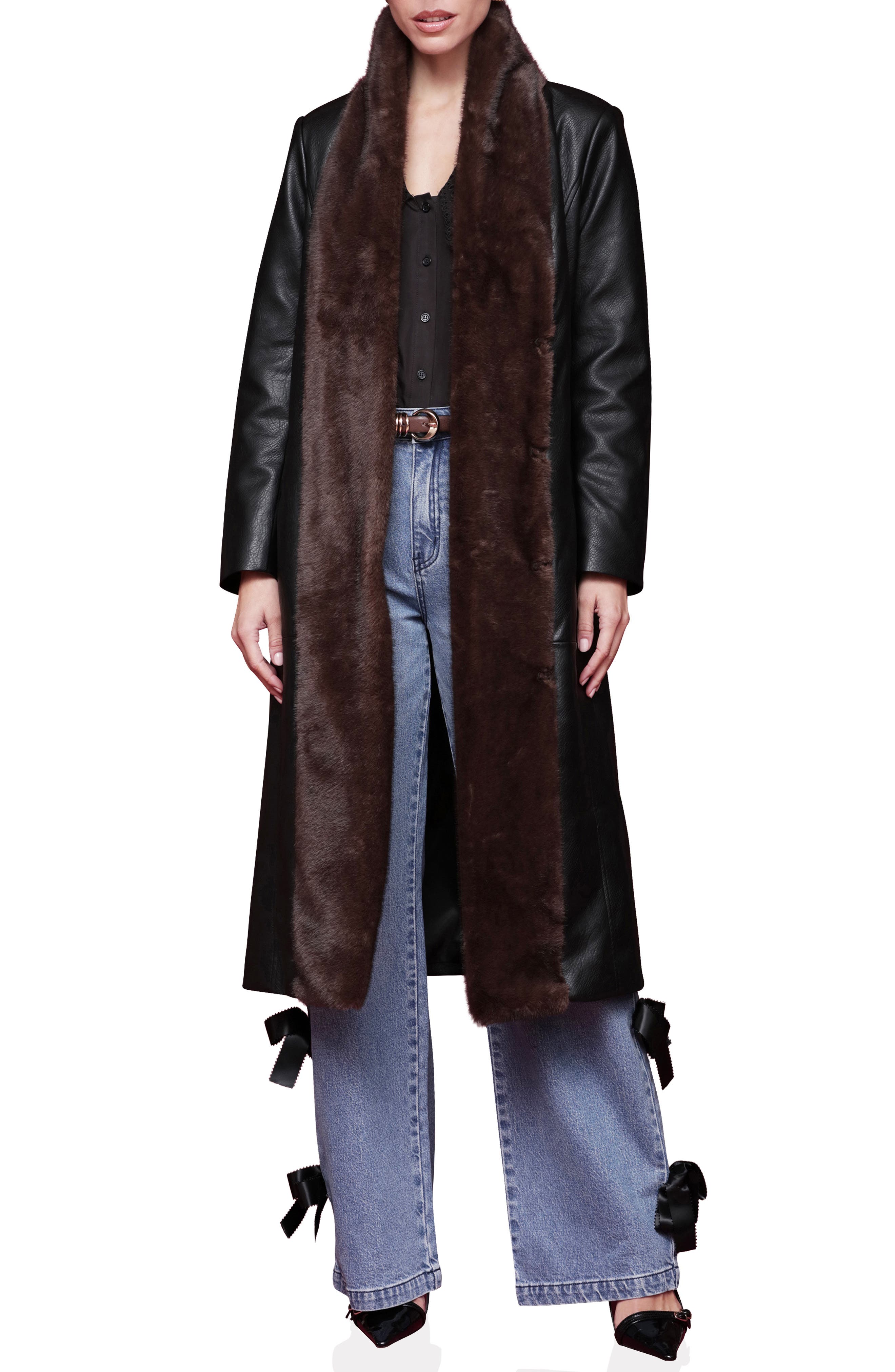Avec Les Filles Shawl Collar Faux Leather & Faux Fur Wrap Coat
