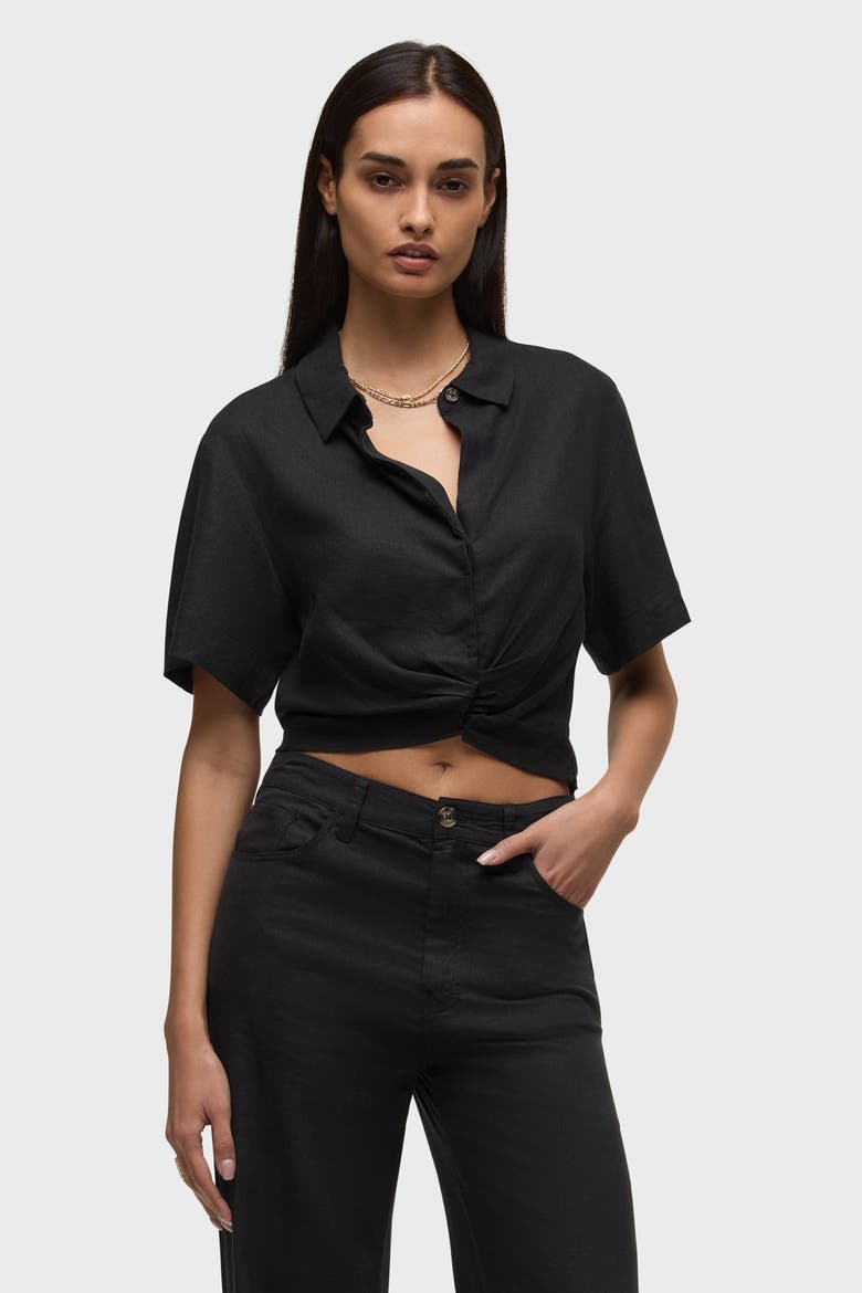 short sleeve knotted button down shirt, Main, color, black