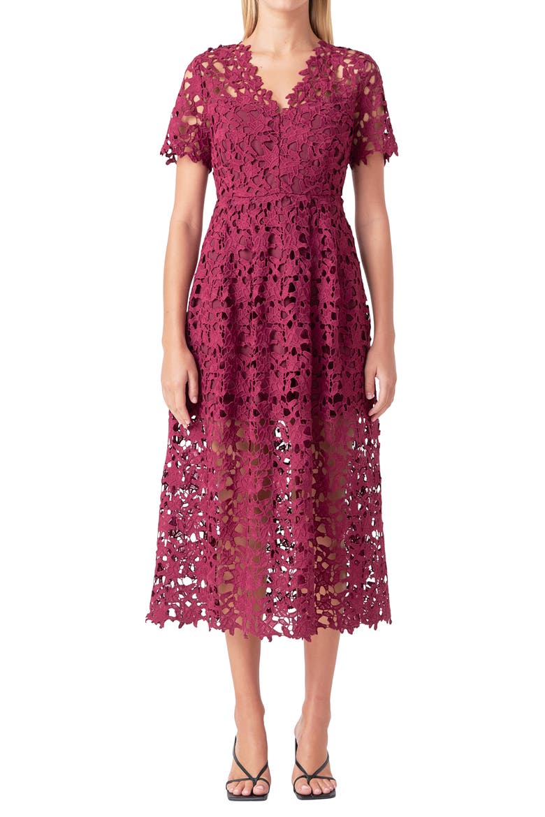 Allover Lace Midi Dress, Main, color, BORDEAUX