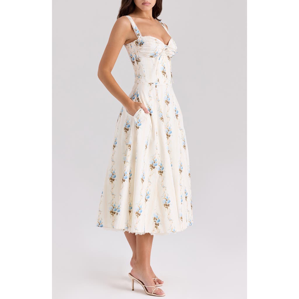 House Of Cb Rosalee Corset Fit & Flare Sundress In Hydrangea Stripe Cream
