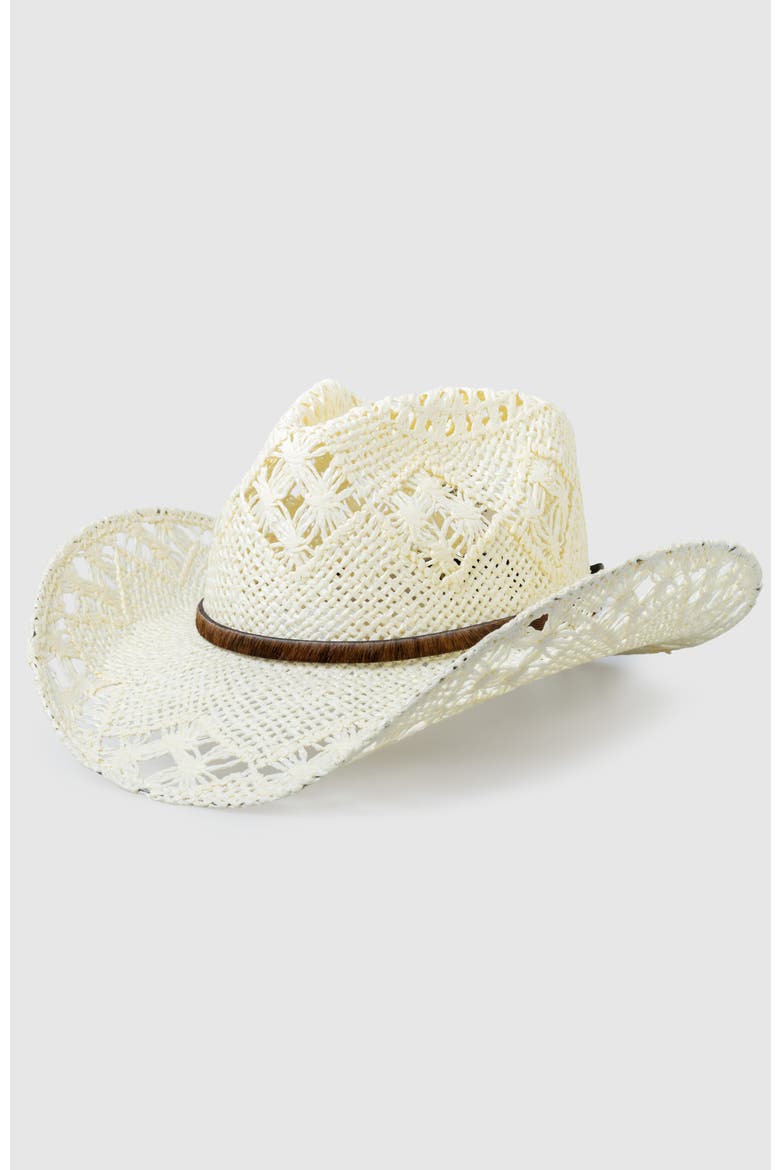 Twister Breeze  Handwoven Straw Sun Hat - Bohemian Summer Cowboy Hat, Main, color, White  / Brown