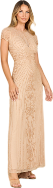 LARA New York Beaded Cap Sleeve Illusion Plunge Gown