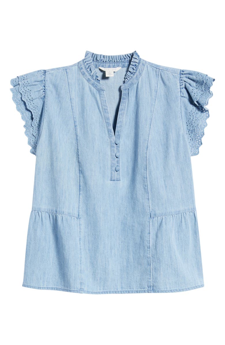 Caslon<sup>®</sup> Ruffle Eyelet Chambray Top, Alternate, color, Light Wash