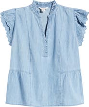 Caslon® Ruffle Eyelet Chambray Top