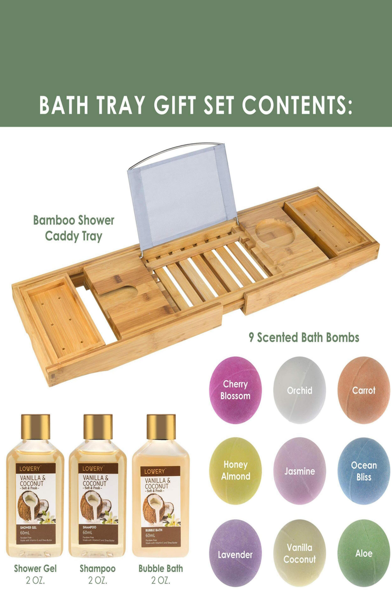 Lovery Premium Eco-Friendly Bathtub Caddy Gift Set, Alternate, color, Light Brown Bamboo