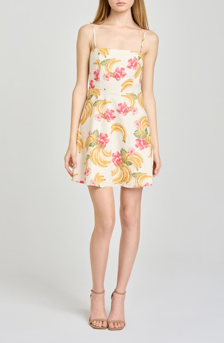 WAYF Havana Fruit Print Linen Blend Minidress, Main, color, Cream Bananas