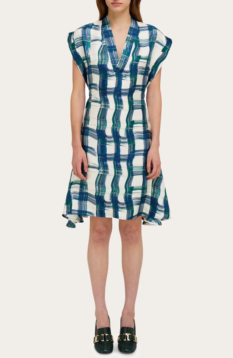 FERRAGAMO Brushstroke Tartan Silk Dress, Main, color, New Navy/ Moss
