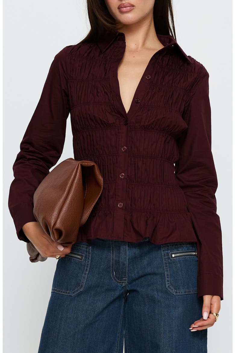 Cultivate Smocked Cotton Button-Up Shirt, Main, color, PLUM