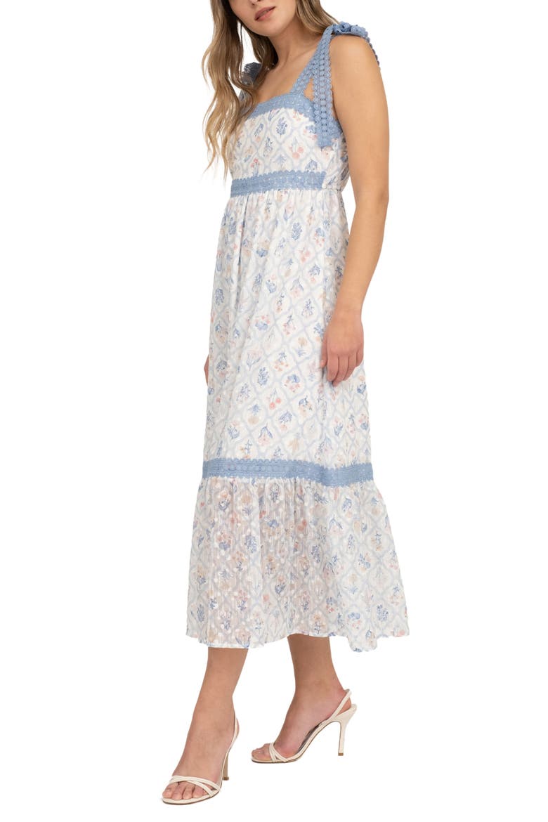 Floral Lace Tie Strap Empire Waist Midi Dress, Alternate, color, BLUE MULTI