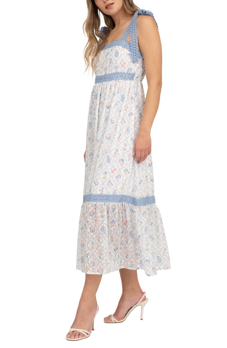 AUGUST SKY Floral Lace Tie Strap Empire Waist Midi Dress, Alternate, color, Blue Multi