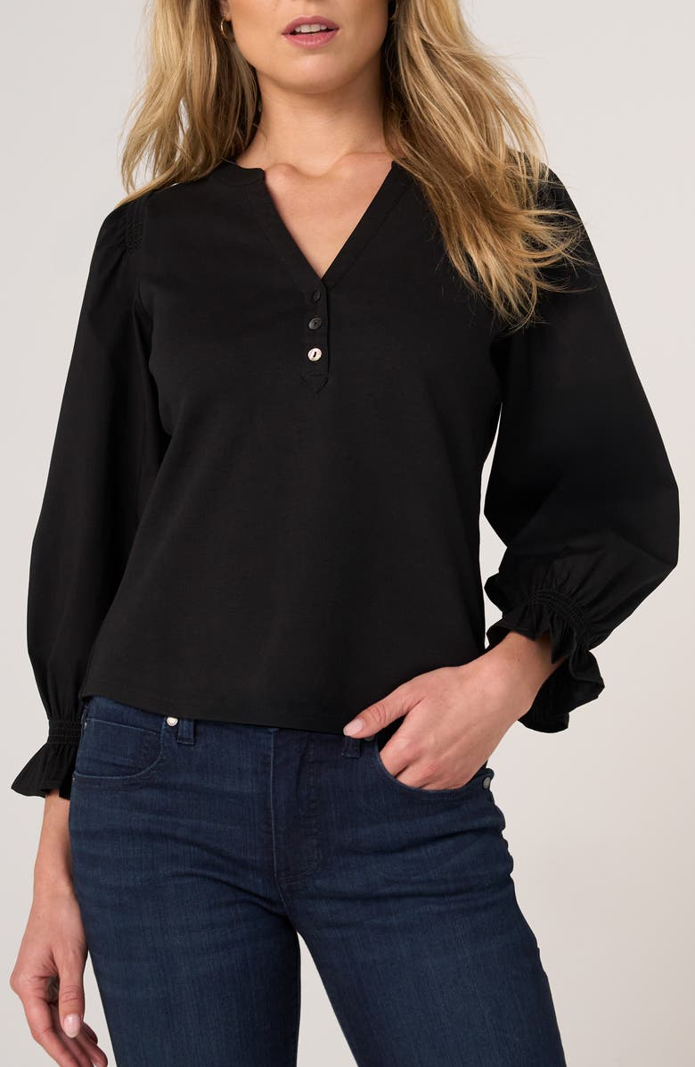 Liverpool Mixed Media Three-Quarter Sleeve Top, Main, color, Black