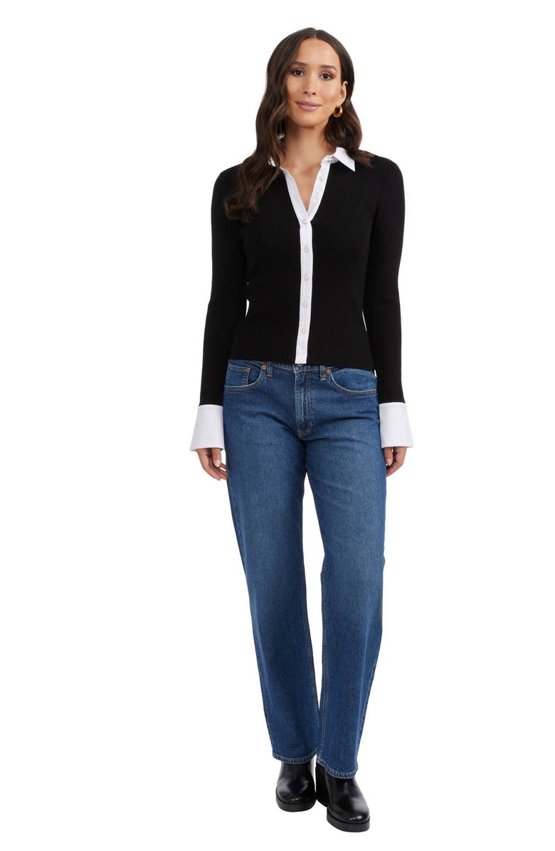 Ellen Tracy Poplin Trim Ribbed Cardigan, Alternate, color,