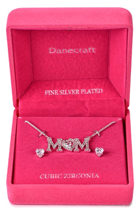 Mom Pendant Necklace & Heart Stud Earrings Set