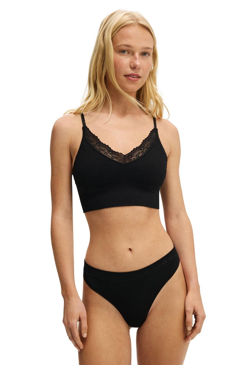 COTTON ON BODY Women's Seamless Longline Lace Trim Bralette, Main, color, Black