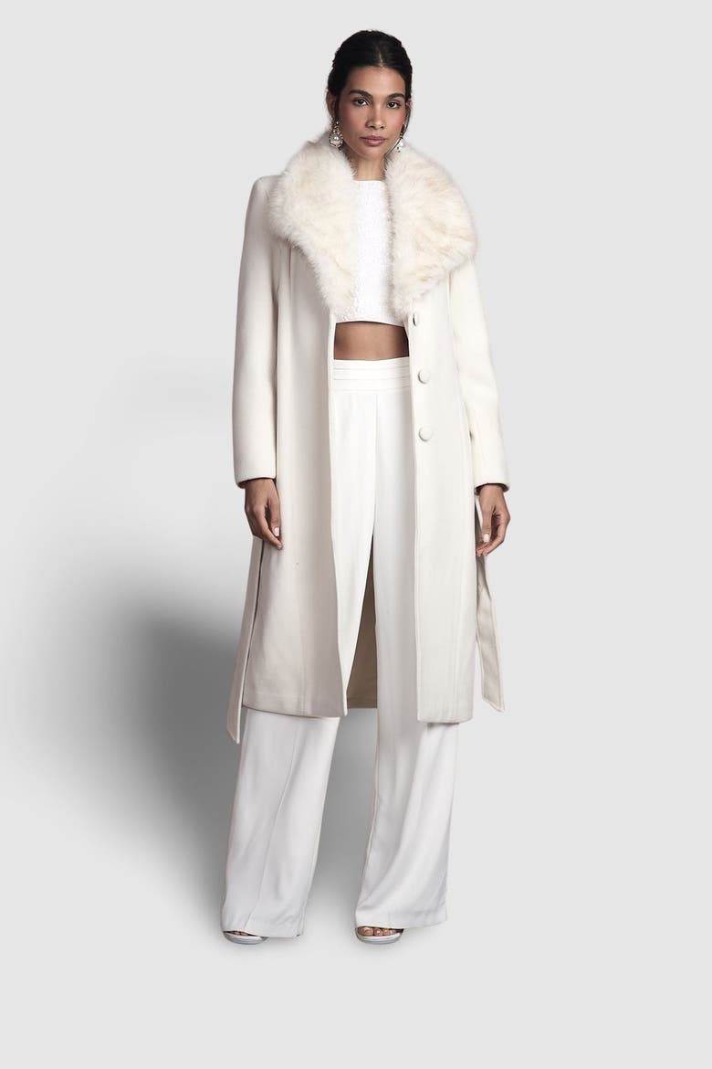 Faux Fur Collar Belted Midi Coat, Alternate, color, Ivory